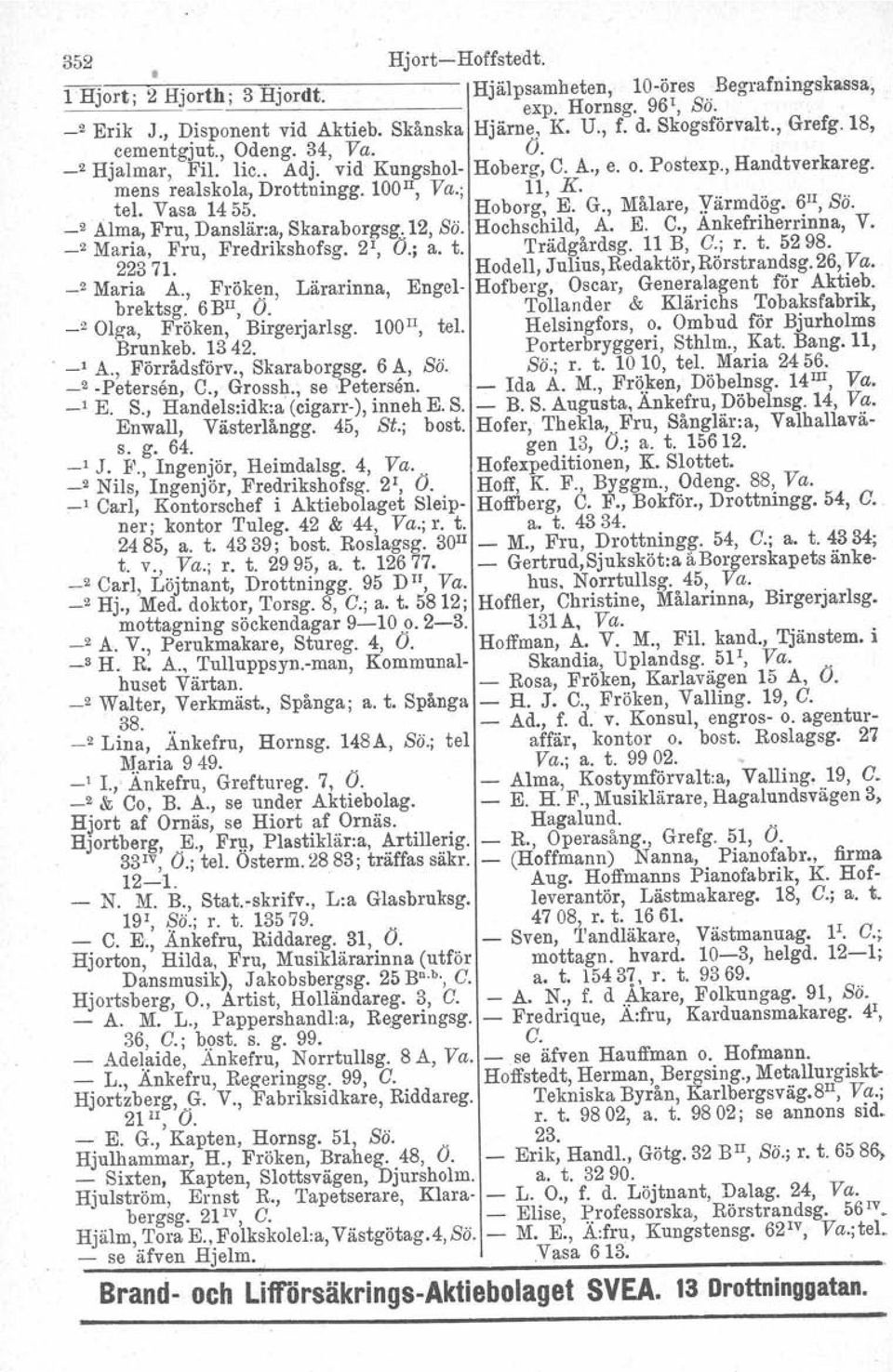 Hoborg, E. G., Målare, Yärmdög. 6 II, Sö. _2 Alma, Fru, Danslär:a, Skaraborgsg.12, Sö. Hochschild, A. E. C., Ankefriherrinna, V. _2 Maria, Fru, Fredrikshofsg. 2" V.; a. t. Trädgårdsg. 11 B, G.; r. t. 5298.