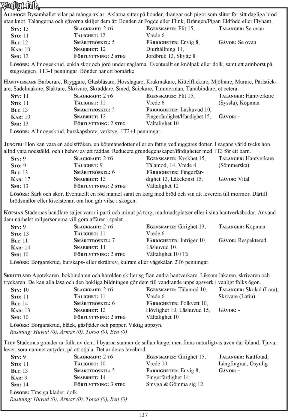 Sty: 13 Sto: 11 Bli: 12 Kar: 10 Smi: 12 Tålighet: 12 Smärttröskel: 5 Snabbhet: 12 Egenskaper: Flit 15, Vrede 6 Färdigheter: Envig 8, Djurhållning 11, Jordbruk 13, Skytte 8 Talanger: Se ovan Gåvor: Se