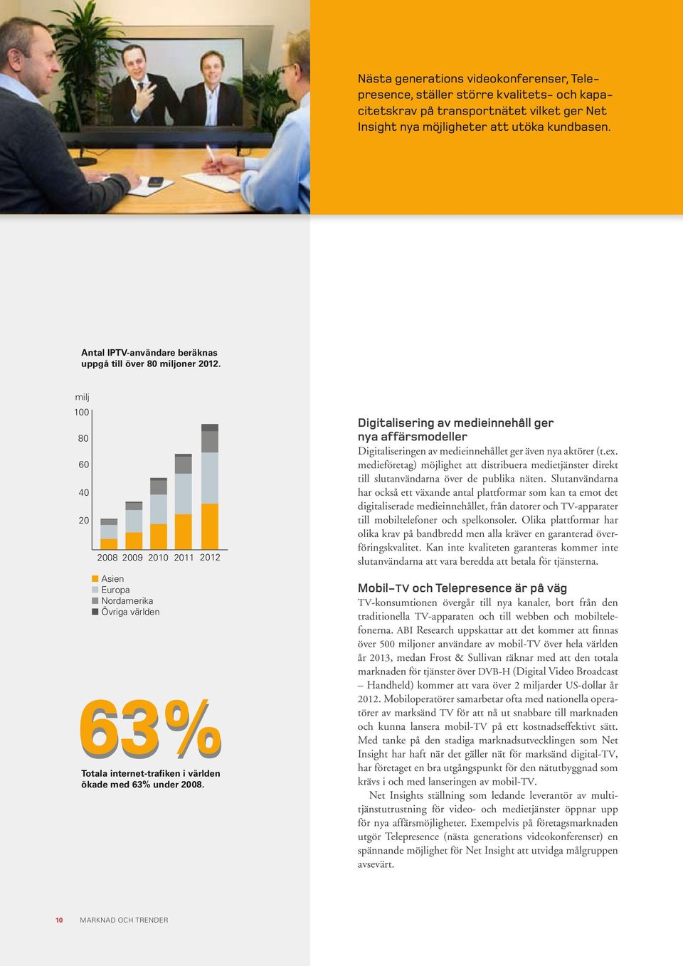 milj 100 80 60 40 20 2008 2009 2010 2011 n Asien n Europa n Nordamerika n Övriga världen 2012 63% Totala internet-trafiken i världen ökade med 63% under 2008.