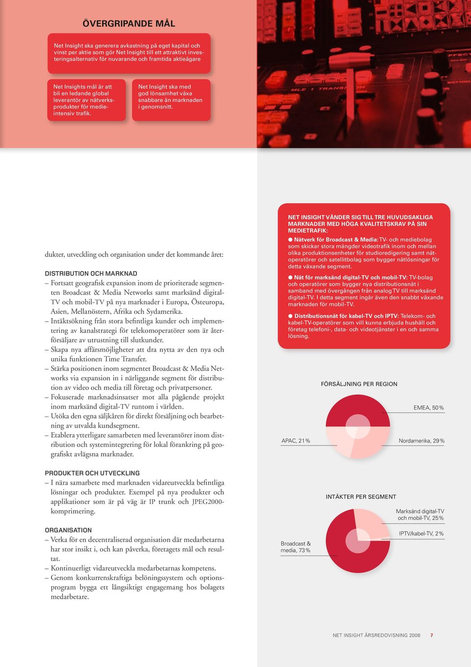 dukter, utveckling och organisation under det kommande året: DISTRIBUTION OCH MARKNAD Fortsatt geografisk expansion inom de prioriterade segmenten Broadcast & Media Networks samt marksänd digital- TV