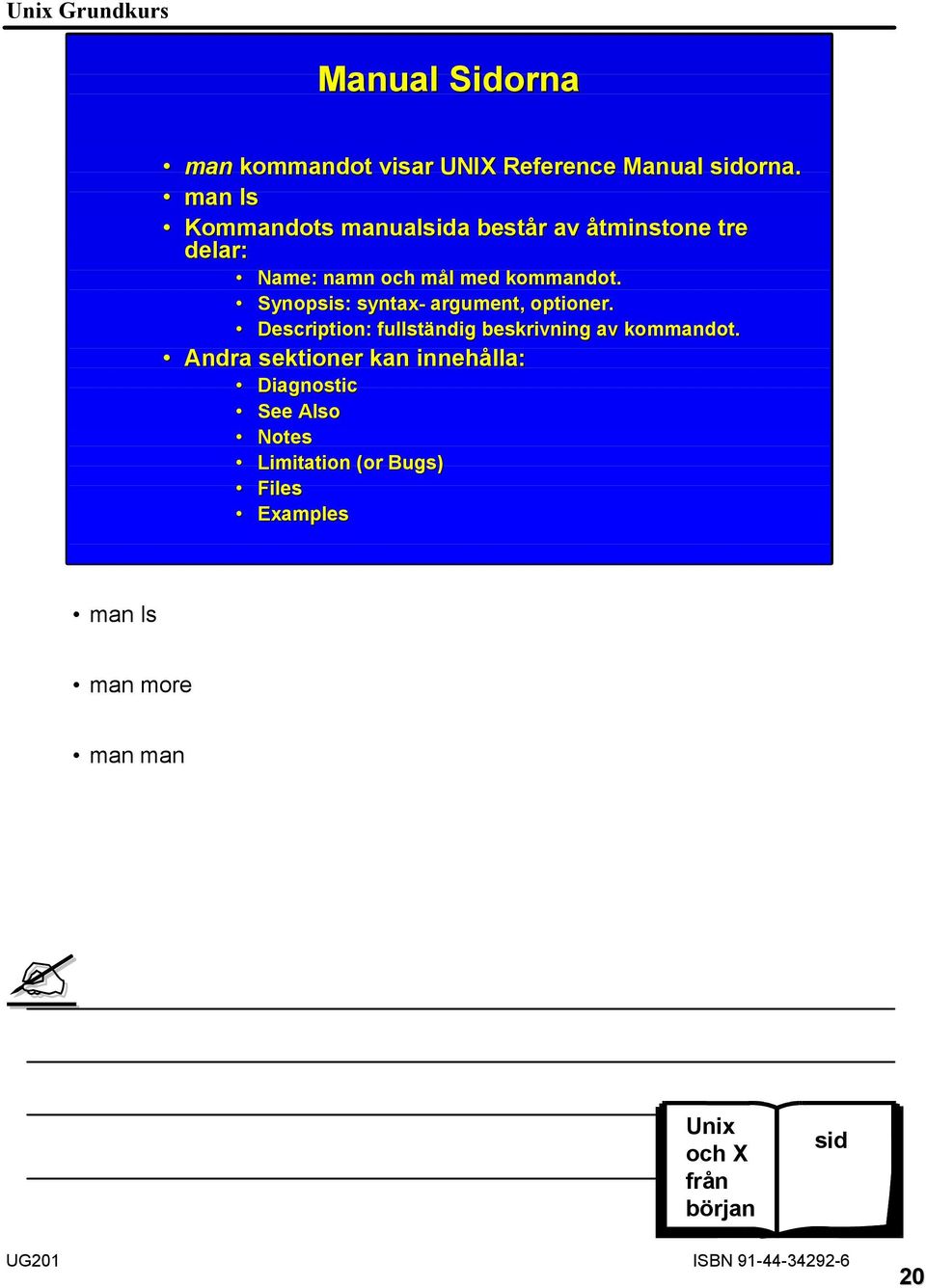 Synopsis: syntax- argument, optioner. Description: : fullständig beskrivning av kommandot.