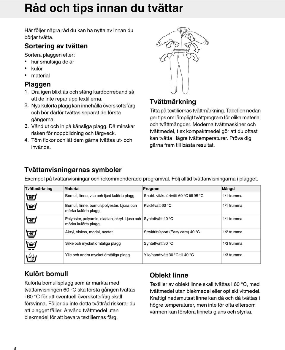 Vänd ut och in på känsliga plagg. Då minskar risken för noppbildning och färgveck. 4. Töm fickor och låt dem gärna tvättas ut- och invända. Tvättmärkning Titta på textiliernas tvättmärkning.