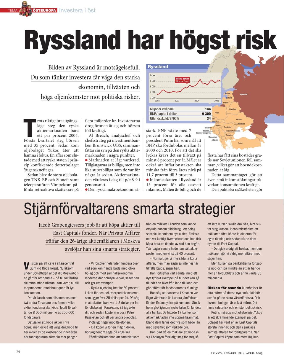 Index 8 000 6 000 4 000 Moskva börsen (Moscow Times) 2 000 2002 2003 2004 2005 Estland Lettland Litauen Ryssland Trots riktigt bra utgångsläge steg den ryska aktiemarknaden bara ett par procent 2004.