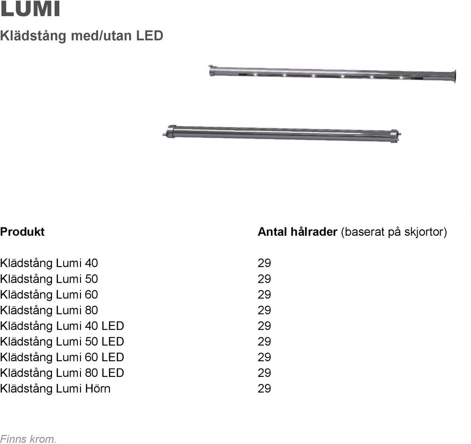 Klädstång Lumi 40 LED 29 Klädstång Lumi 50 LED 29 Klädstång Lumi