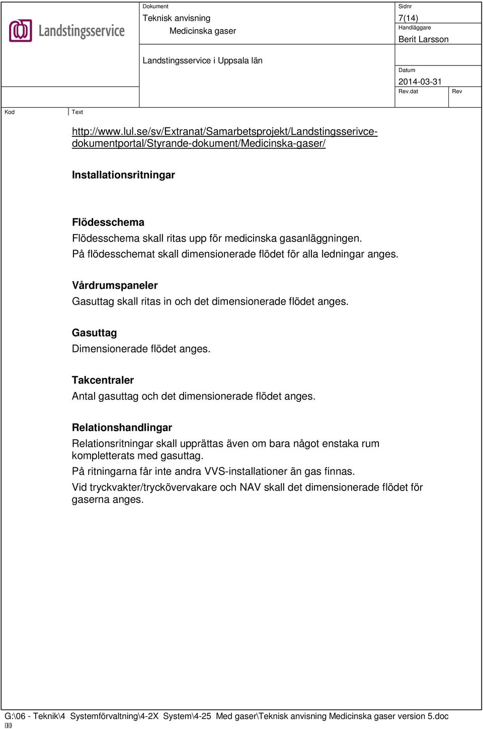 På flödesschemat skall dimensionerade flödet för alla ledningar anges. Vårdrumspaneler Gasuttag skall ritas in och det dimensionerade flödet anges. Gasuttag Dimensionerade flödet anges.