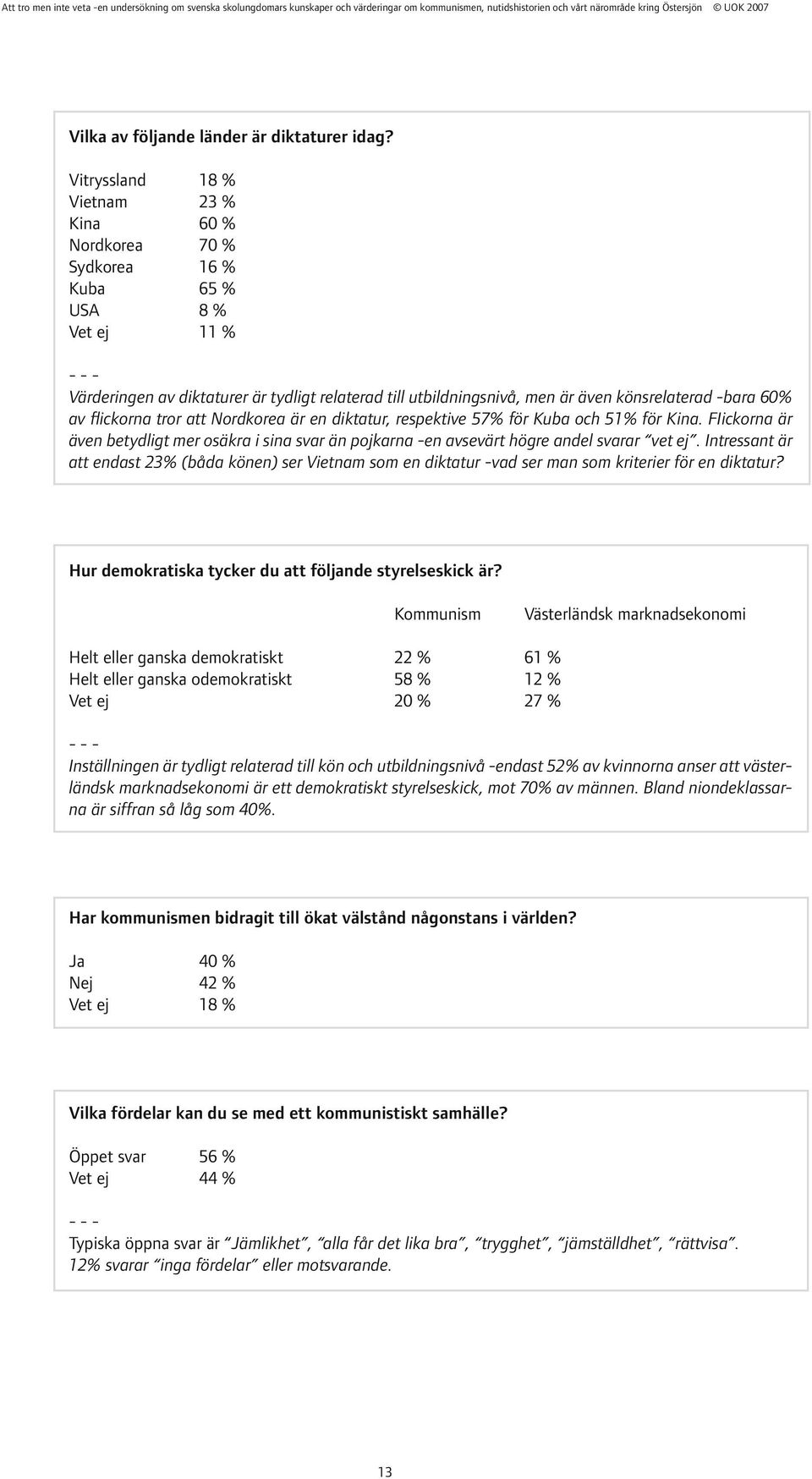 -bara 60% av flickorna tror att Nordkorea är en diktatur, respektive 57% för Kuba och 51% för Kina.