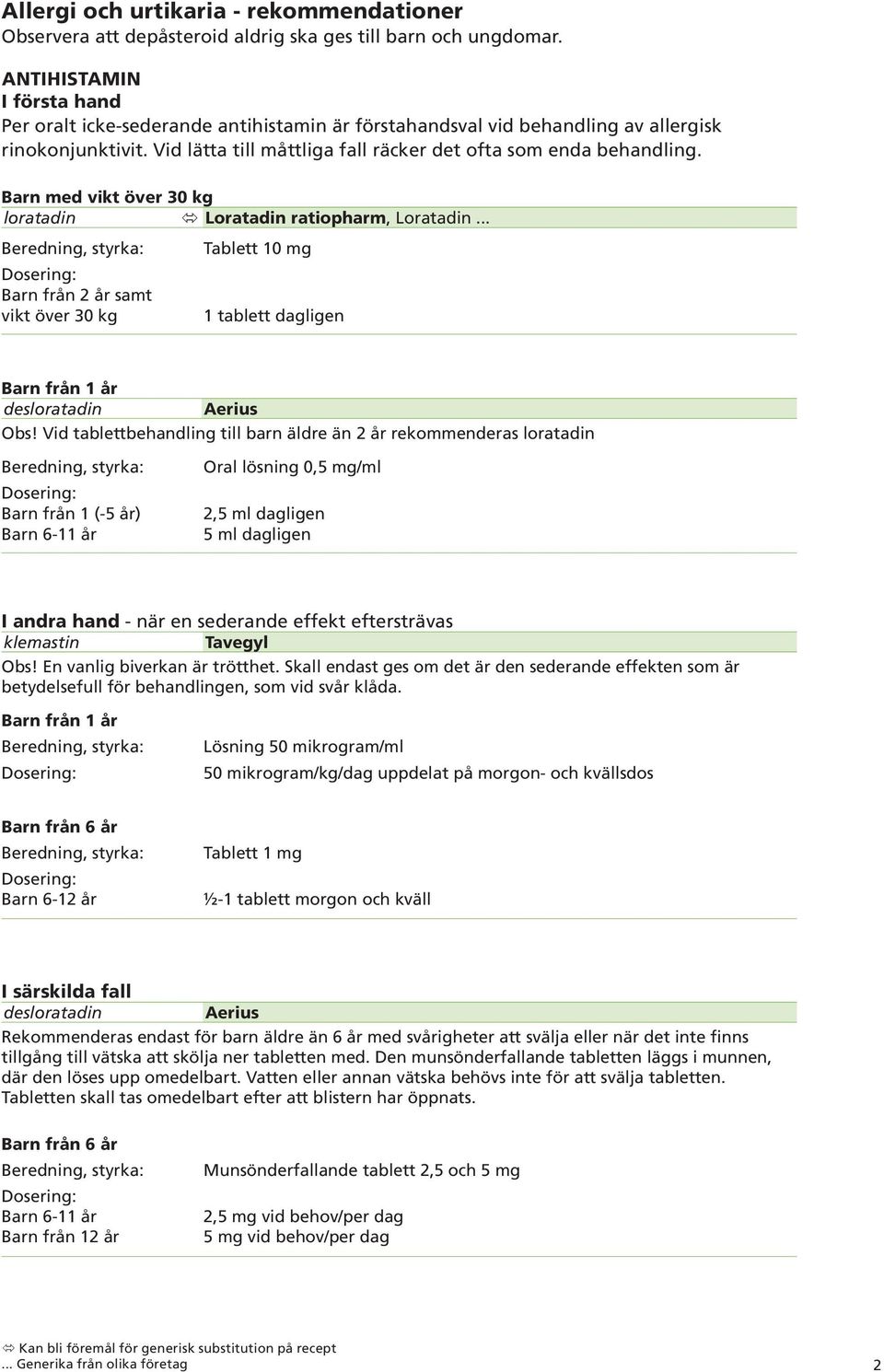 Barn med vikt över 30 kg loratadin Loratadin ratiopharm, Loratadin... Barn från 2 år samt vikt över 30 kg Tablett 10 mg 1 tablett dagligen Barn från 1 år desloratadin Aerius Obs!