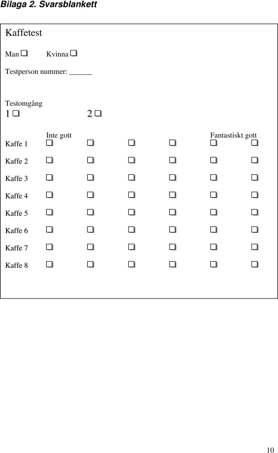 Testperson nummer: Testomgång 1 2 Kaffe 1