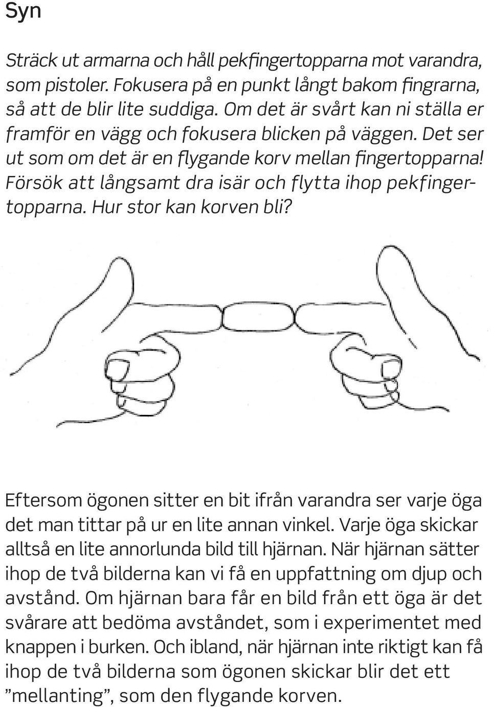 Försök att långsamt dra isär och flytta ihop pekfingertopparna. Hur stor kan korven bli? Eftersom ögonen sitter en bit ifrån varandra ser varje öga det man tittar på ur en lite annan vinkel.