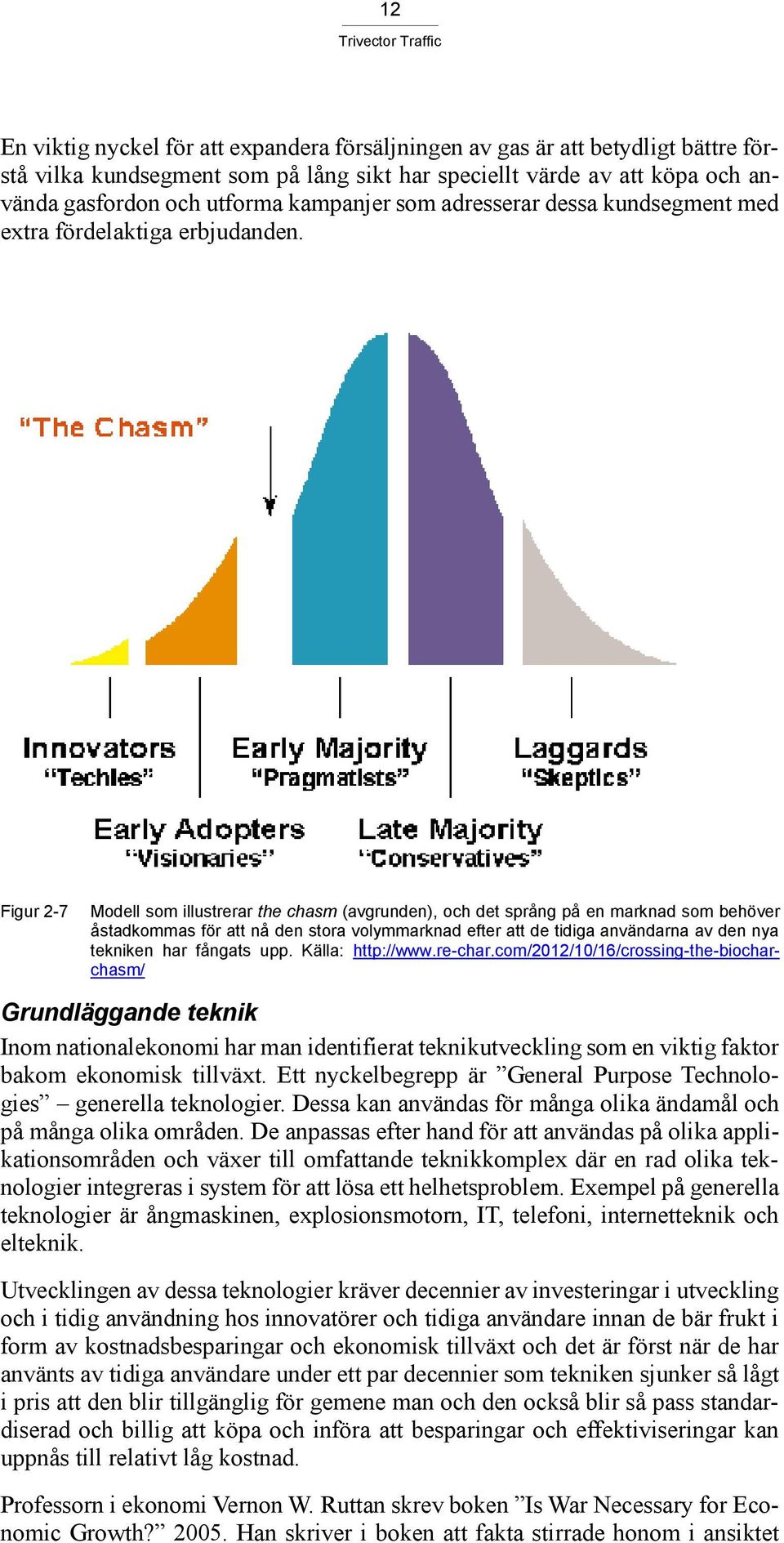 Figur 2-7 Modell som illustrerar the chasm (avgrunden), och det språng på en marknad som behöver åstadkommas för att nå den stora volymmarknad efter att de tidiga användarna av den nya tekniken har