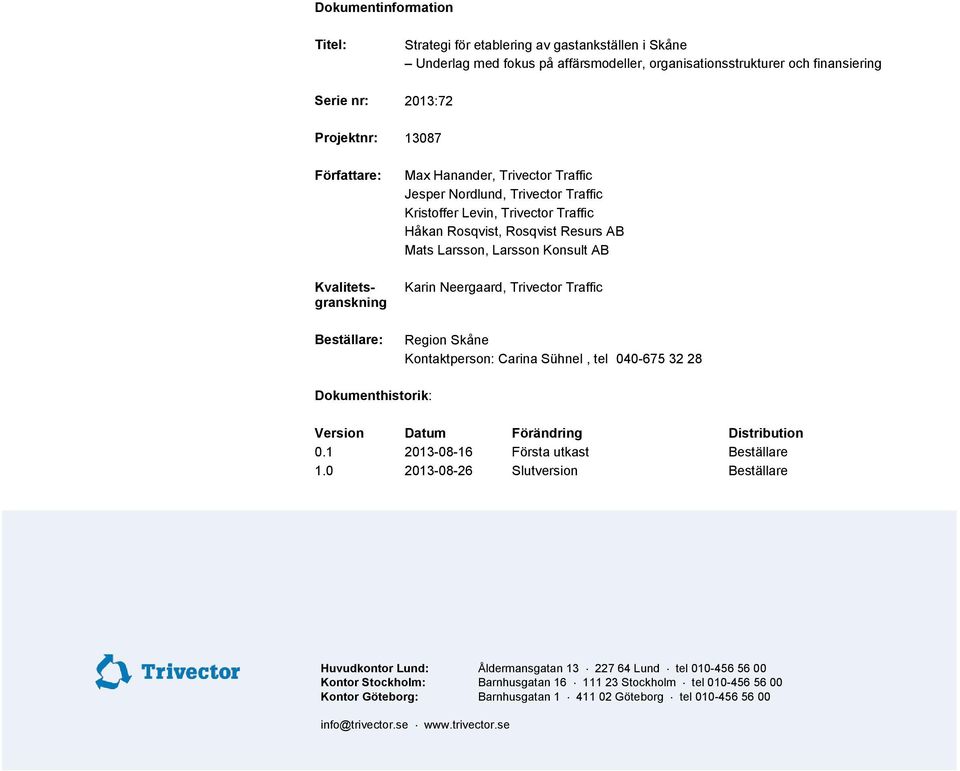 Kontaktperson: Carina Sühnel, tel 040-675 32 28 Dokumenthistorik: Version Datum Förändring Distribution 0.1 1.