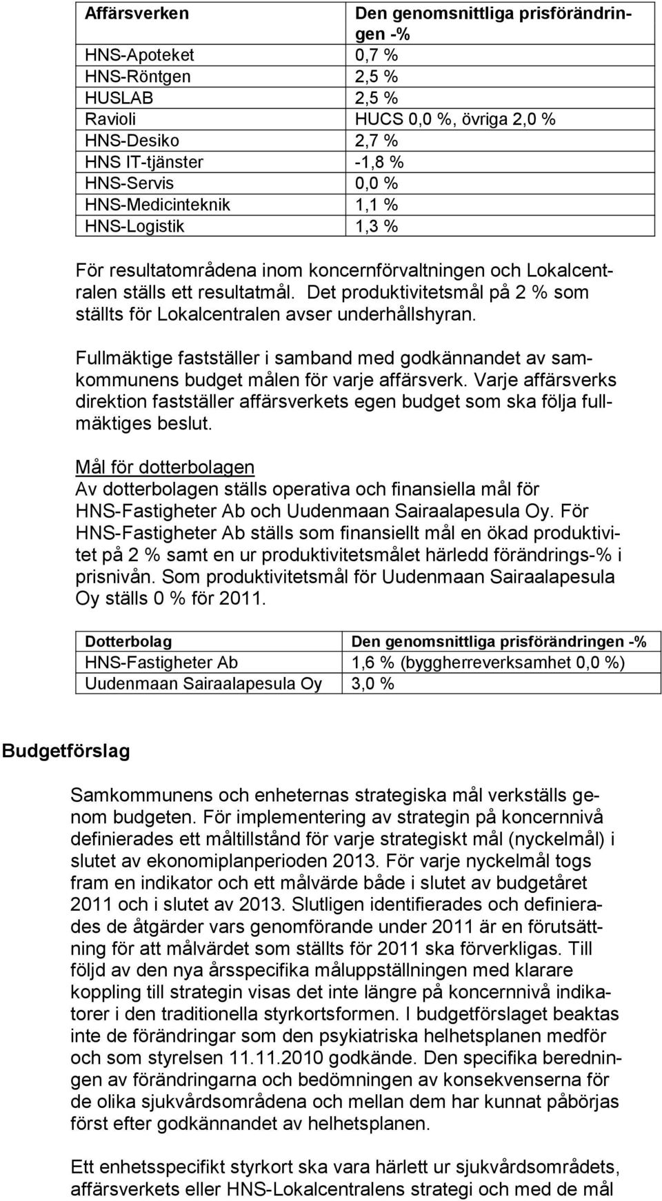 Det produktivitetsmål på 2 % som ställts för Lokalcentralen avser underhållshyran. Fullmäktige fastställer i samband med godkännandet av samkommunens budget målen för varje affärsverk.