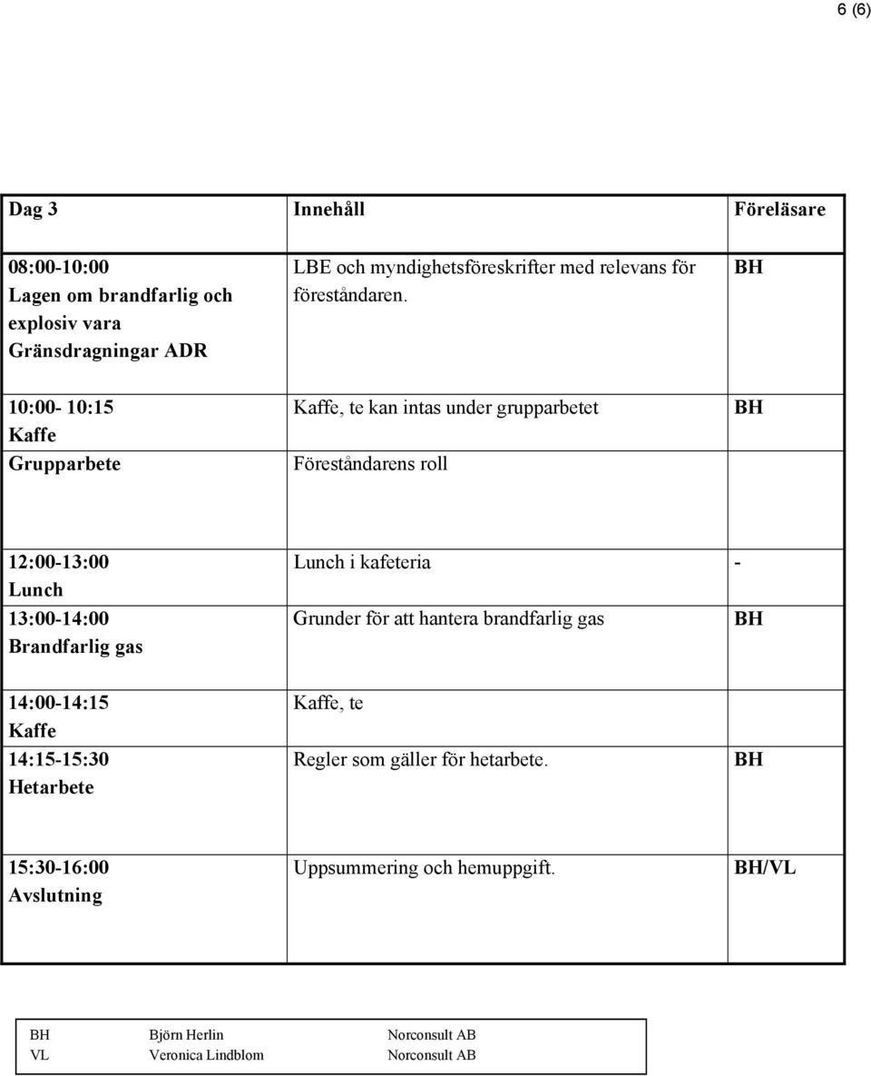 10:00-10:15 Grupparbete, te kan intas under grupparbetet Föreståndarens roll 12:00-13:00 Lunch 13:00-14:00 Brandfarlig gas Lunch i