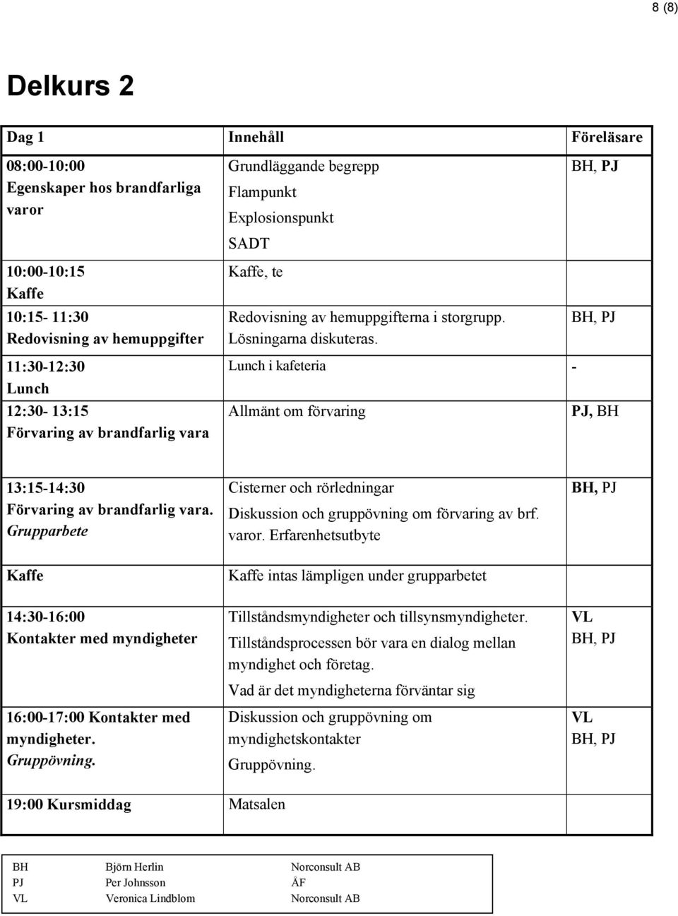 11:30-12:30 Lunch 12:30-13:15 Förvaring av brandfarlig vara Lunch i kafeteria - Allmänt om förvaring PJ, 13:15-14:30 Förvaring av brandfarlig vara.