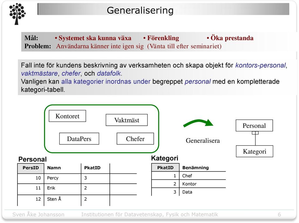 Vanligen kan alla kategorier inordnas under begreppet personal med en kompletterade kategori-tabell.