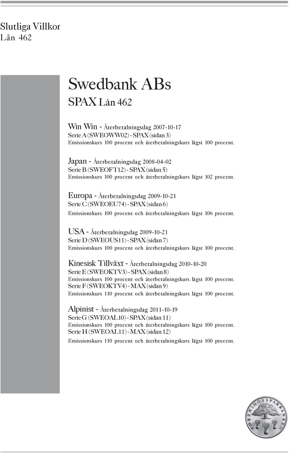 Europa - Återbetalningsdag 2009-10-21 Serie C (SWEOEU74) - SPAX (sidan 6) Emissionskurs 100 procent och återbetalningskurs lägst 106 procent.