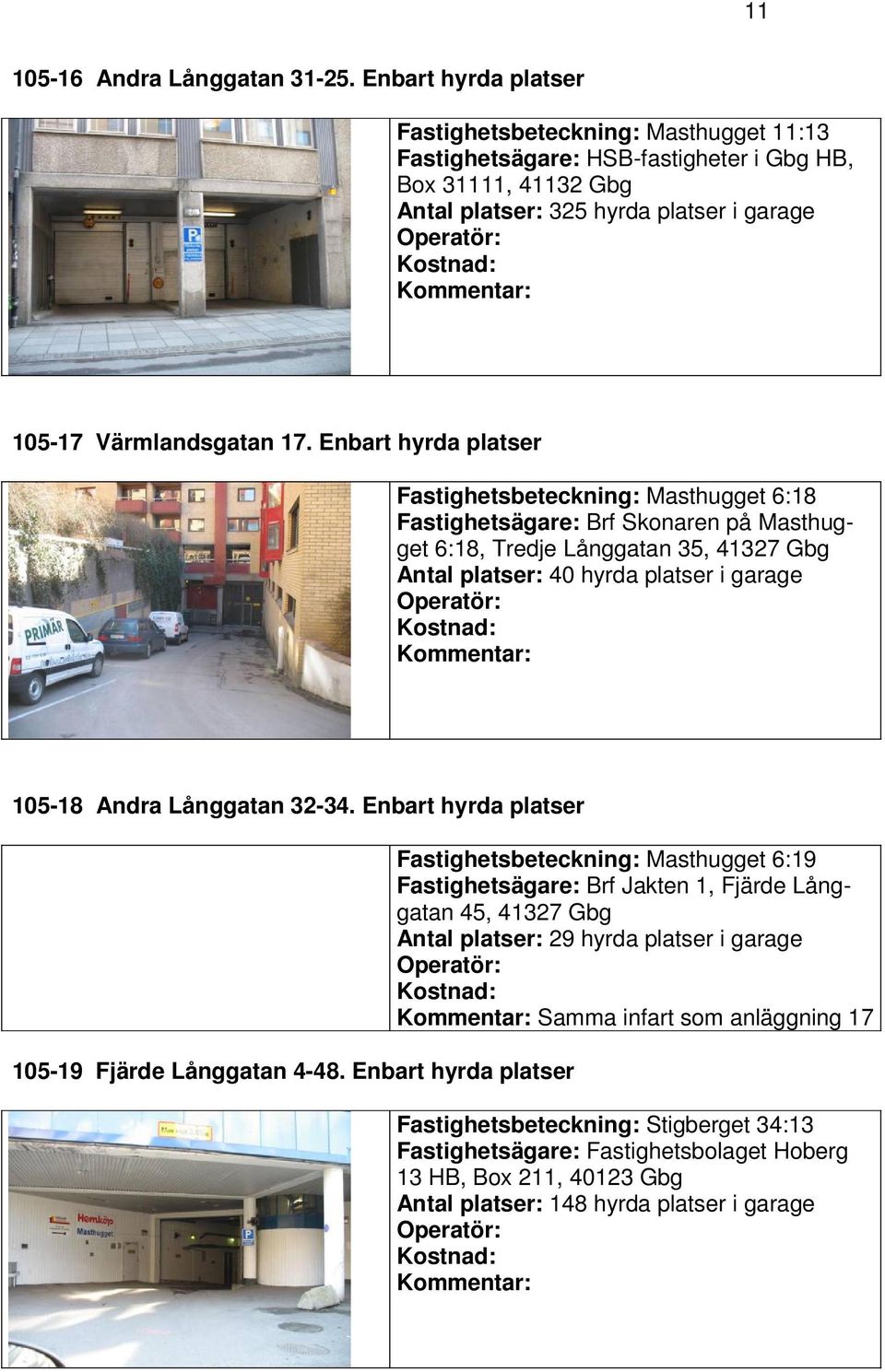 Enbart hyrda platser Fastighetsbeteckning: Masthugget 6:18 Fastighetsägare: Brf Skonaren på Masthugget 6:18, Tredje Långgatan 35, 41327 Gbg Antal platser: 40 hyrda platser i garage 105-18 Andra