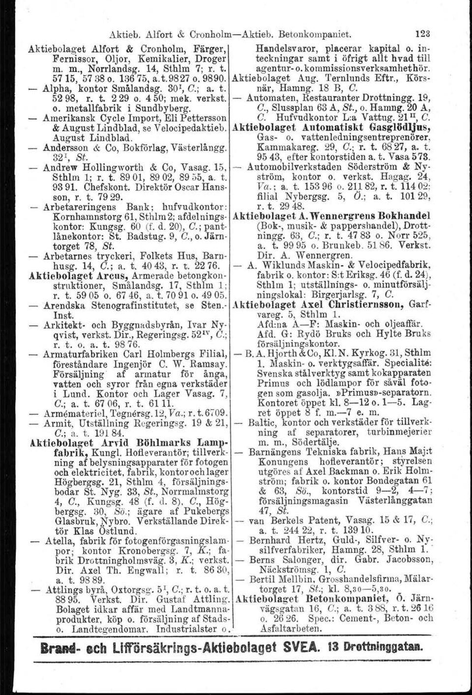 Aktiebolaget Aug. Ternlunds Eftr., Körs- - Alpha, kontor Smålandsg. 30 1, G.; a. t. när, Hamng. 18 B, G. 5298, r. t. 229 o. 450; mek. verkst. - Automaten, Restauranter Drottningg. 19, o.