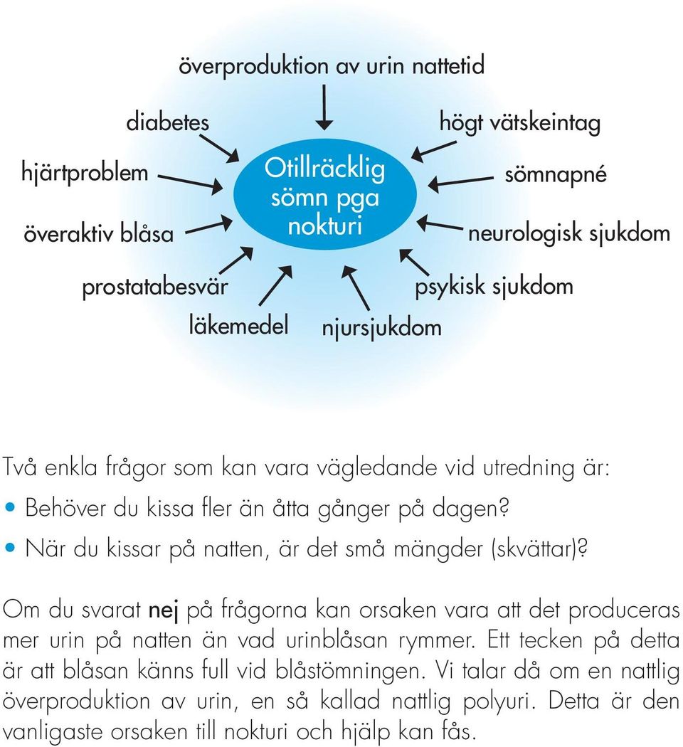 När du kissar på natten, är det små mängder (skvättar)? Om du svarat nej på frågorna kan orsaken vara att det produceras mer urin på natten än vad urinblåsan rymmer.