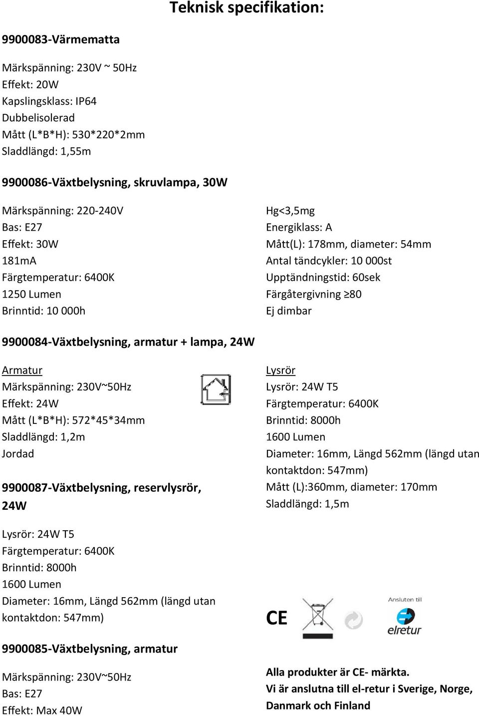 60sek Färgåtergivning 80 Ej dimbar 9900084 Växtbelysning, armatur + lampa, 24W Armatur Märkspänning: 230V~50Hz Effekt: 24W Mått (L*B*H): 572*45*34mm Sladdlängd: 1,2m Jordad 9900087 Växtbelysning,