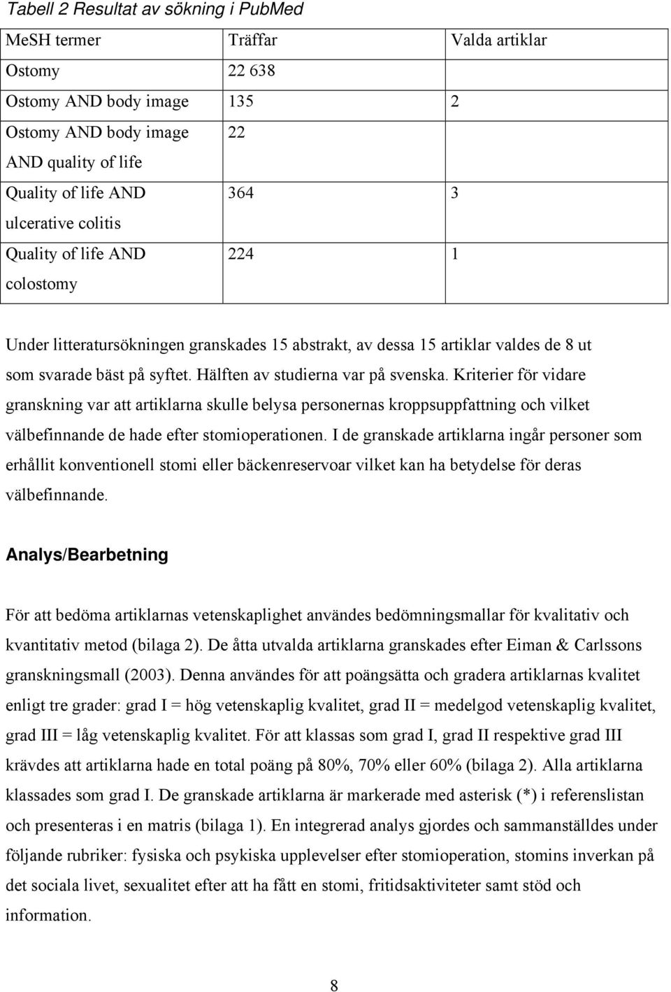 Kriterier för vidare granskning var att artiklarna skulle belysa personernas kroppsuppfattning och vilket välbefinnande de hade efter stomioperationen.