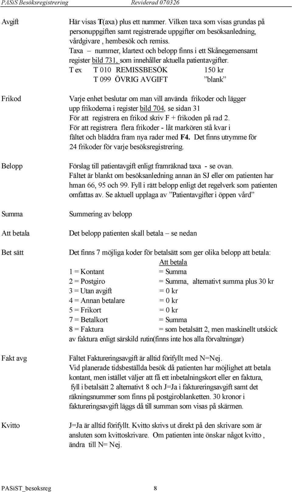 Taxa nummer, klartext och belopp finns i ett Skånegemensamt register bild 731, som innehåller aktuella patientavgifter.