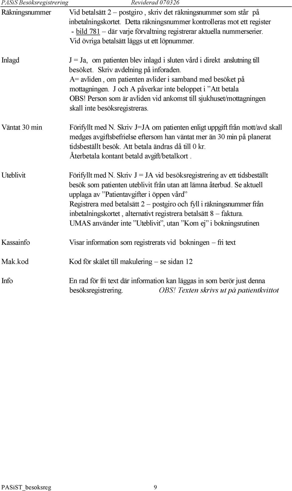 Inlagd Väntat 30 min Uteblivit Kassainfo J = Ja, om patienten blev inlagd i sluten vård i direkt anslutning till besöket. Skriv avdelning på inforaden.