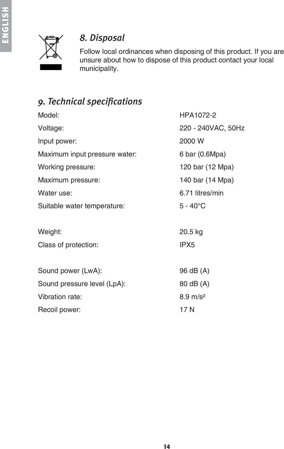 Technical specifications Model: HPA1072-2 Voltage: 220-240VAC, 50Hz Input power: 2000 W Maximum input pressure water: 6 bar (0.