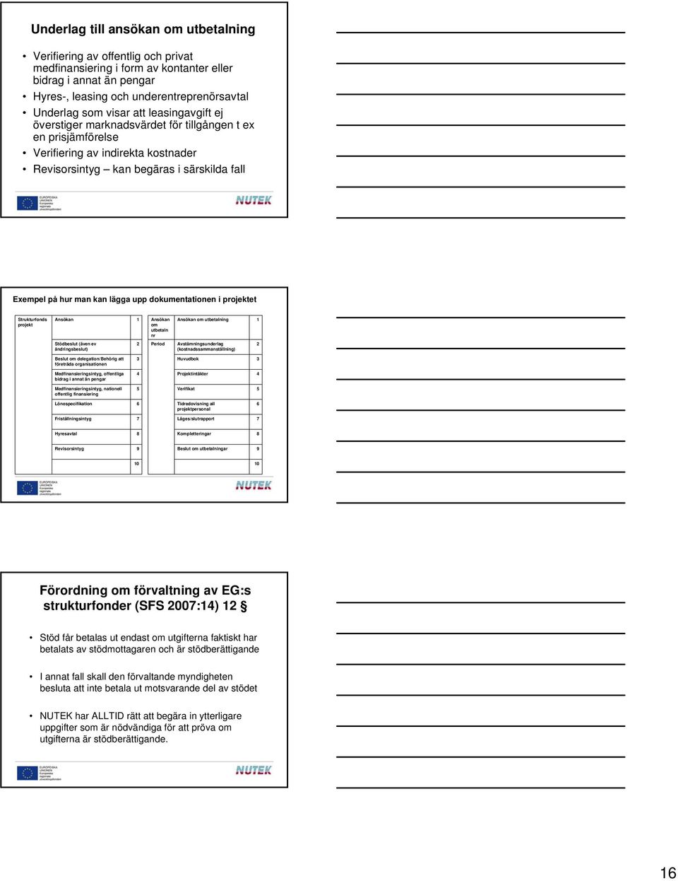 upp dokumentationen i projektet Strukturfonds Ansökan 1 Ansökan Ansökan om utbetalning 1 projekt om utbetaln nr Stödbeslut (även ev 2 Period Avstämningsunderlag 2 ändringsbeslut)