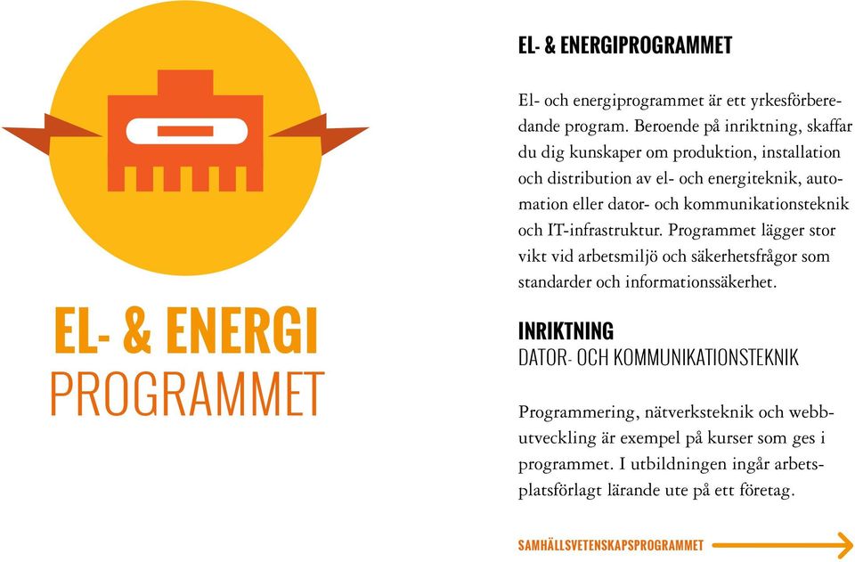 kommunikationsteknik och IT-infrastruktur. Programmet lägger stor vikt vid arbetsmiljö och säkerhetsfrågor som standarder och informationssäkerhet.