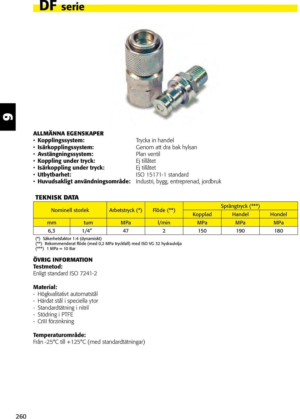 Testmetod: Enligt standard ISO 7241-2 Material: - Högkvalitativt automatstål - Härdat stål i speciella ytor - Standardtätning i nitril - Stödring i PTFE - CrIII förzinkning Temperaturområde: Från -25