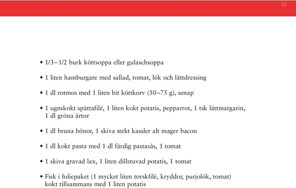 bruna bönor, 1 skiva stekt kassler alt mager bacon 1 dl kokt pasta med 1 dl färdig pastasås, 1 tomat 1 skiva gravad lax, 1 liten