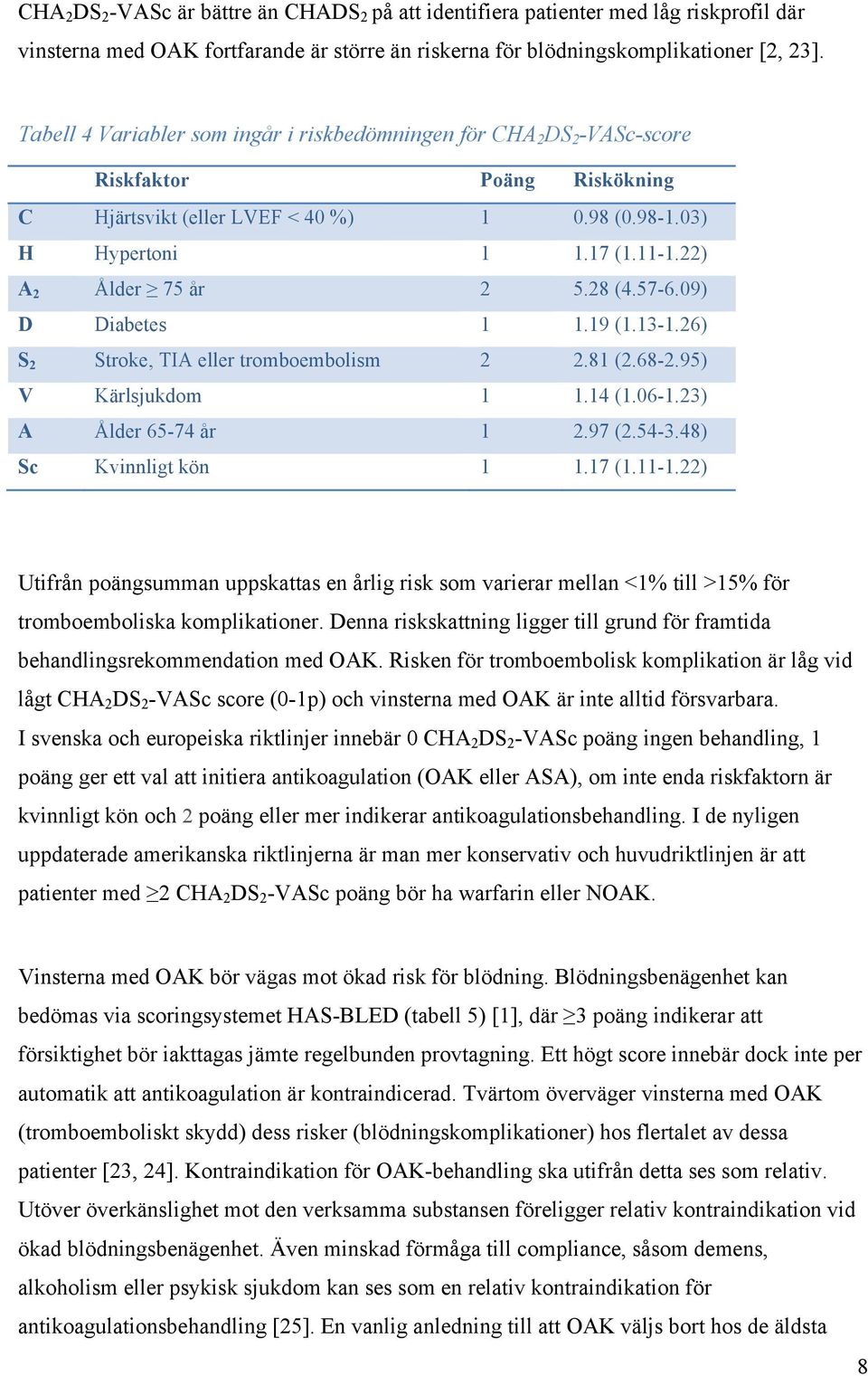 22) A 2 Ålder 75 år 2 5.28 (4.57-6.09) D Diabetes 1 1.19 (1.13-1.26) S 2 Stroke, TIA eller tromboembolism 2 2.81 (2.68-2.95) V Kärlsjukdom 1 1.14 (1.06-1.23) A Ålder 65-74 år 1 2.97 (2.54-3.