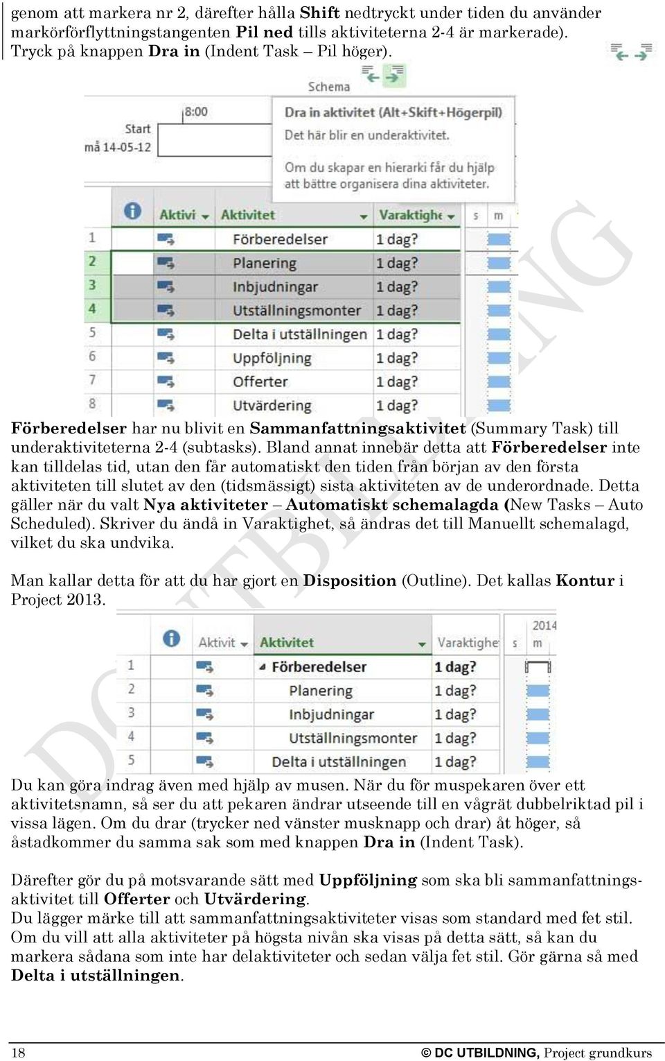 Bland annat innebär detta att Förberedelser inte kan tilldelas tid, utan den får automatiskt den tiden från början av den första aktiviteten till slutet av den (tidsmässigt) sista aktiviteten av de