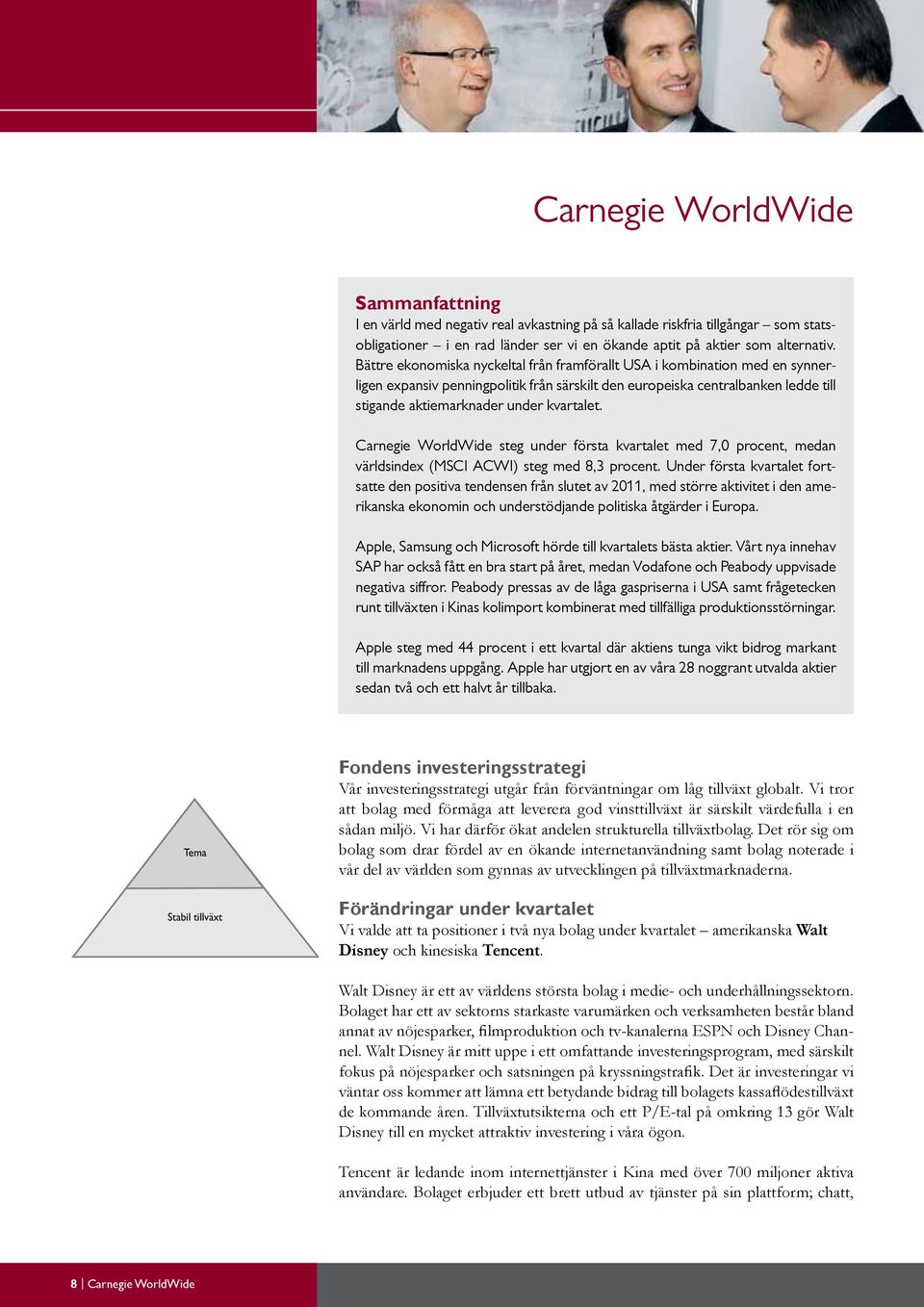 Carnegie WorldWide steg under första kvartalet med 7,0 procent, medan världsindex (MSCI ACWI) steg med 8,3 procent.