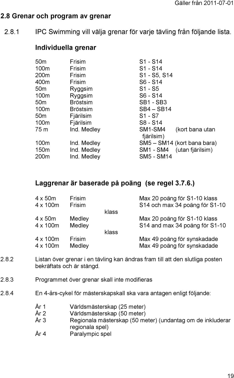 Fjärilsim S1 - S7 100m Fjärilsim S8 - S14 75 m Ind. Medley SM1-SM4 (kort bana utan fjärilsim) 100m Ind. Medley SM5 SM14 (kort bana bara) 150m Ind. Medley SM1 - SM4 (utan fjärilsim) 200m Ind.