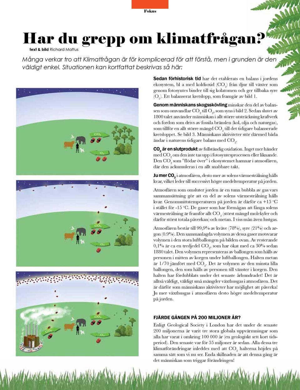 sig kolatomen och ger tillbaka syre (O 2 ). Ett balanserat kretslopp, som framgår av bild 1. Genom människans skogsskövling minskar den del av balansen som omvandlar CO 2 till O 2, som syns i bild 2.