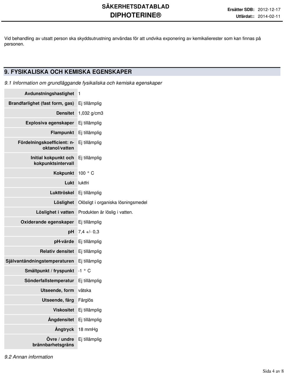 oktanol/vatten Initial kokpunkt och kokpunktsintervall Kokpunkt Lukt Lukttröskel Löslighet Löslighet i vatten Oxiderande egenskaper 1,032 g/cm3 100 C luktfri Olösligt i organiska lösningsmedel
