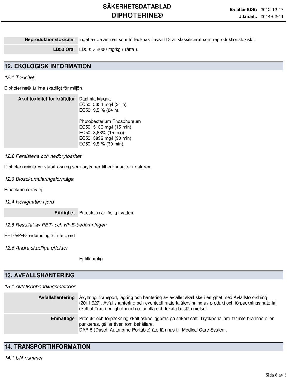 2 Persistens och nedbrytbarhet Photobacterium Phosphoreum EC50: 5136 mg/l (15 min). EC50: 8,63% (15 min). EC50: 5832 mg/l (30 min). EC50: 9,8 % (30 min).