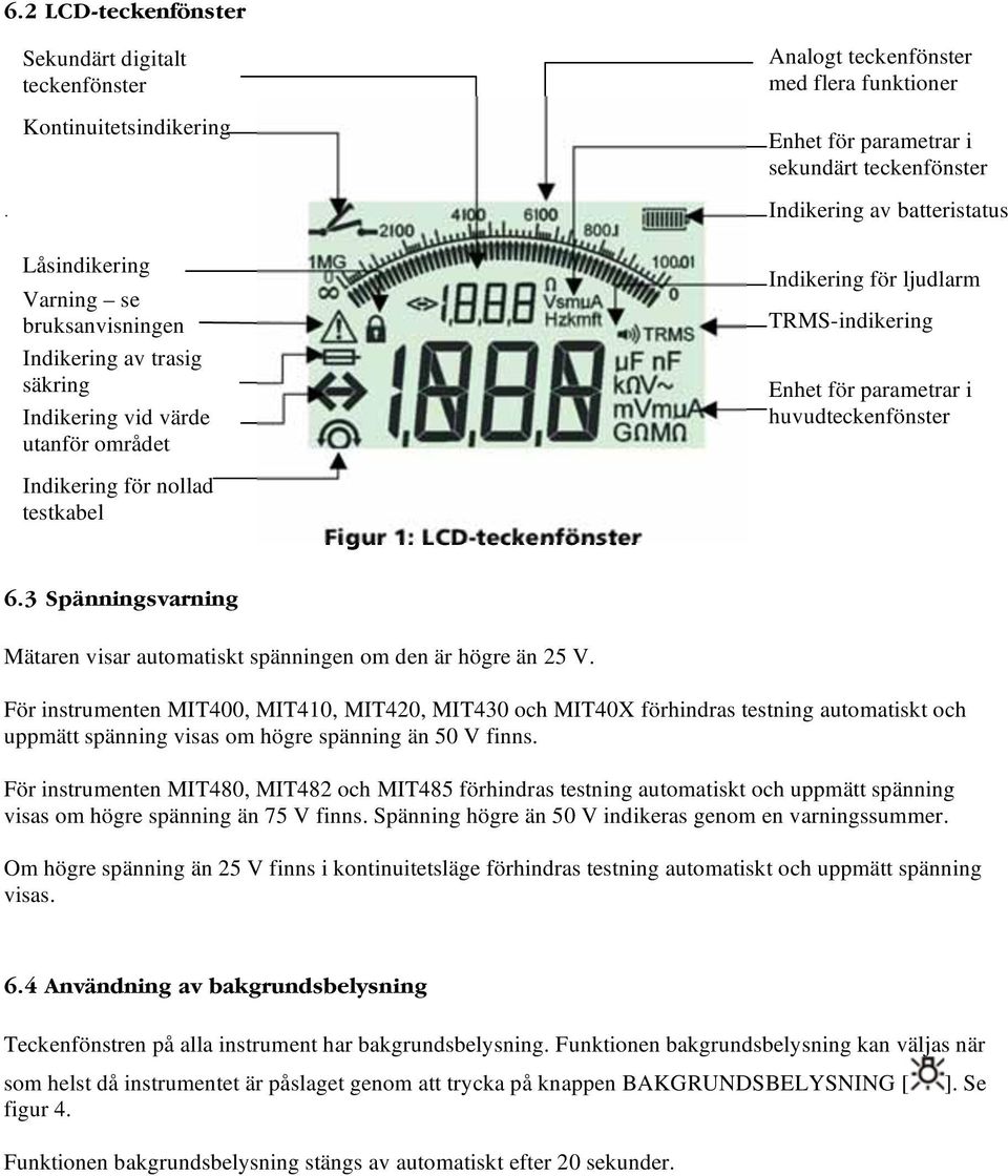 TRMS-indikering Enhet för parametrar i huvudteckenfönster 6.3 Spänningsvarning Mätaren visar automatiskt spänningen om den är högre än 25 V.