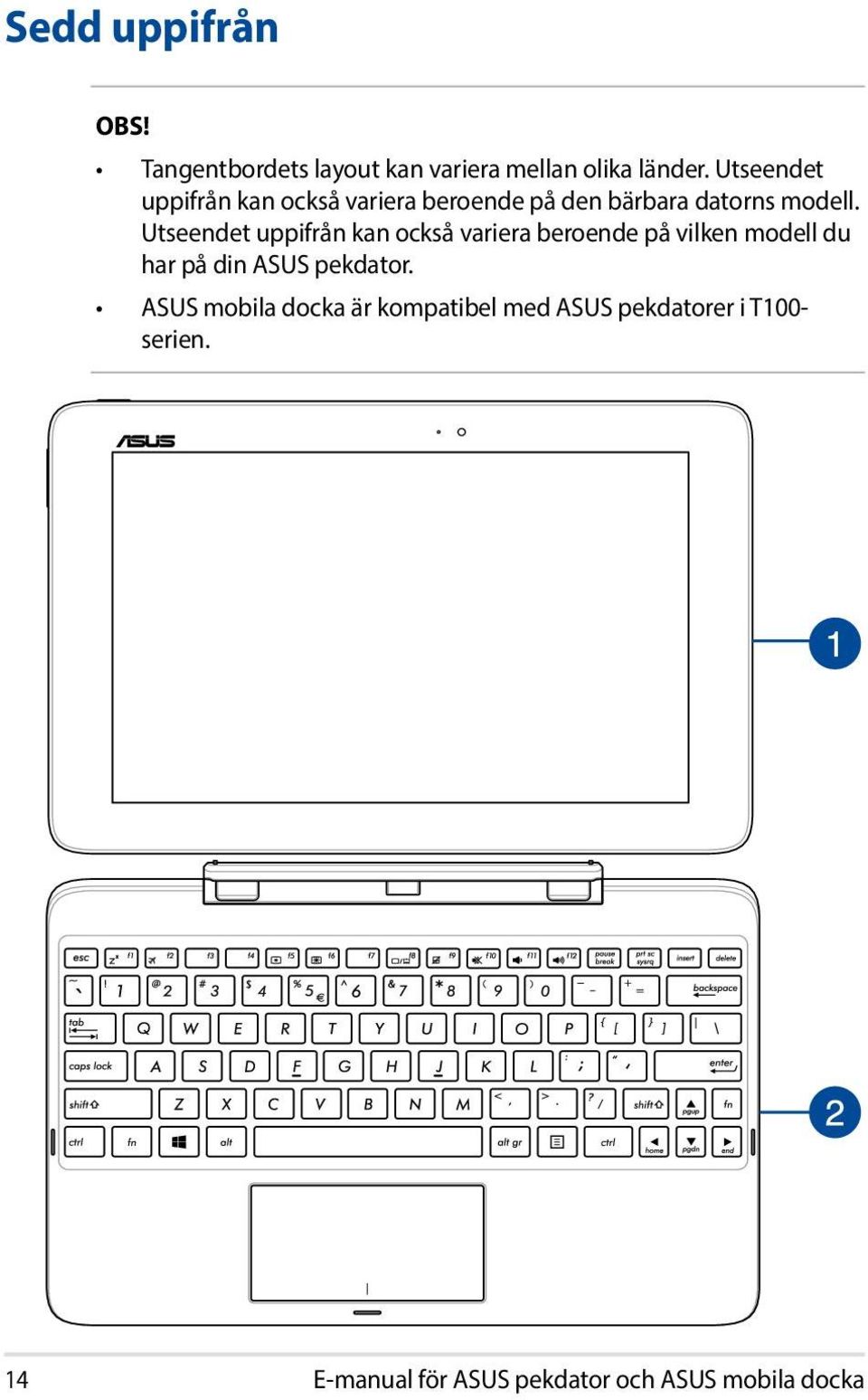 Utseendet uppifrån kan också variera beroende på vilken modell du har på din ASUS pekdator.