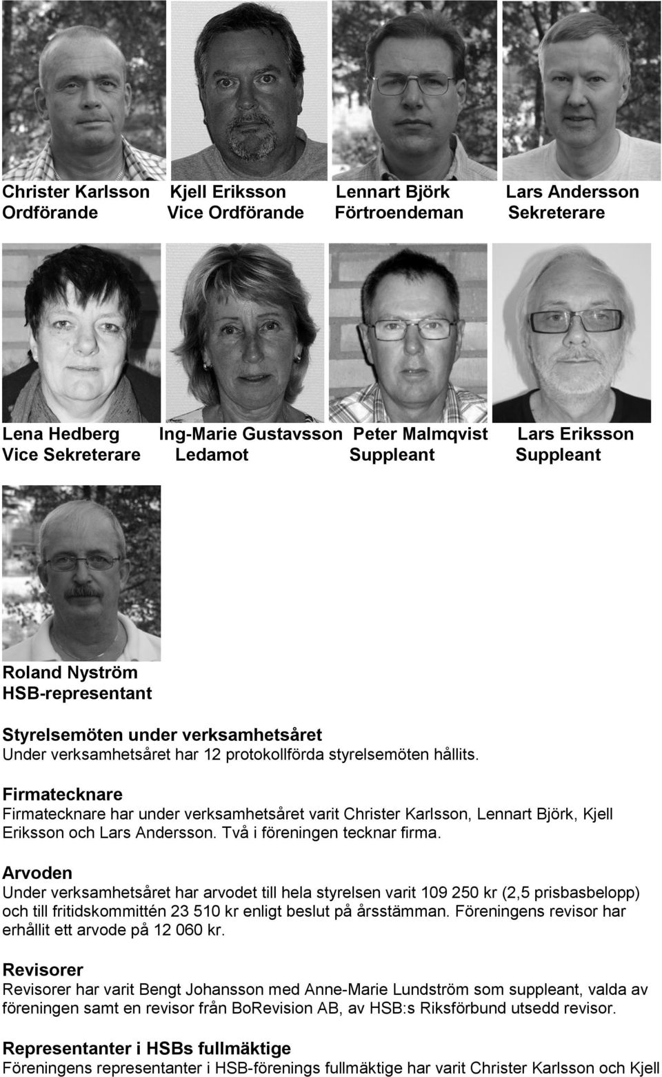 Firmatecknare Firmatecknare har under verksamhetsåret varit Christer Karlsson, Lennart Björk, Kjell Eriksson och Lars Andersson. Två i föreningen tecknar firma.