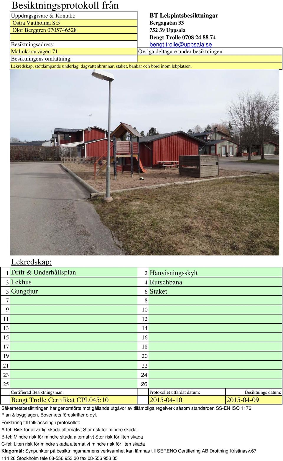 Lekredskap: 1 Drift & Underhållsplan 2 sskylt 3 Lekhus 4 Rutschbana 5 Gungdjur 6 Staket 7 8 10 11 12 13 14 15 16 17 18 1 20 21 22 23 24 25 26 Protokollet utfärdat datum: engt Trolle Certifikat