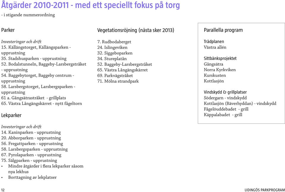 Västra Långängskärret - nytt fågeltorn Lekparker Investeringar och drift 14. Kaninparken - upprustning 20. Abborparken - upprustning 56. Fregattparken - upprustning 58.