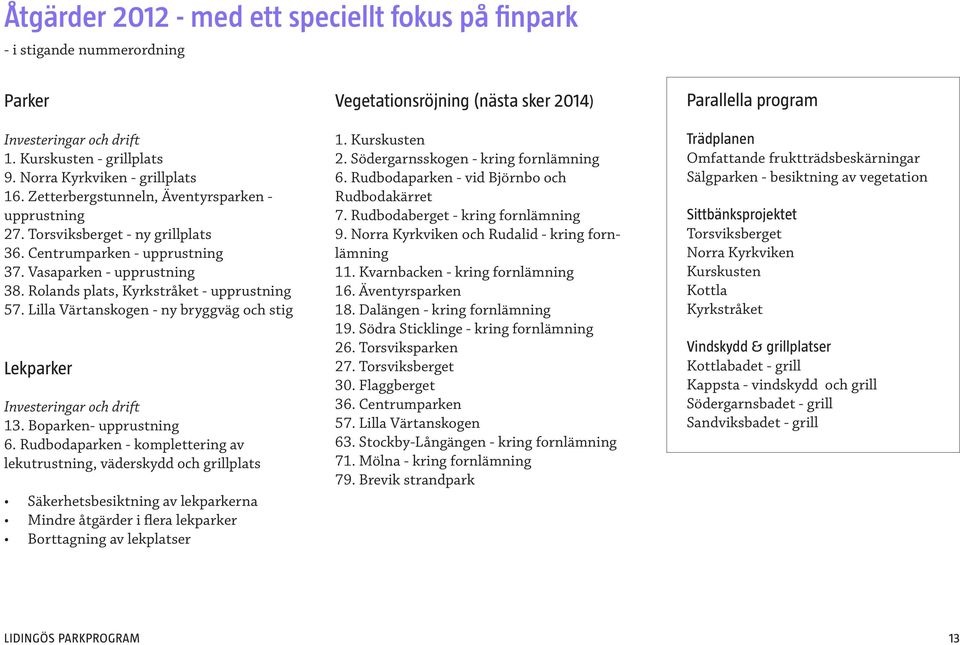 Lilla Värtanskogen - ny bryggväg och stig Lekparker Investeringar och drift 13. Boparken- upprustning 6.