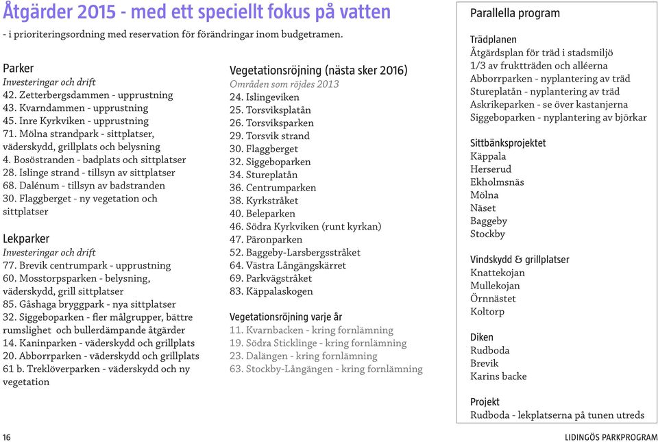 Islinge strand - tillsyn av sittplatser 68. Dalénum - tillsyn av badstranden 30. Flaggberget - ny vegetation och sittplatser Lekparker Investeringar och drift 77. Brevik centrumpark - upprustning 60.