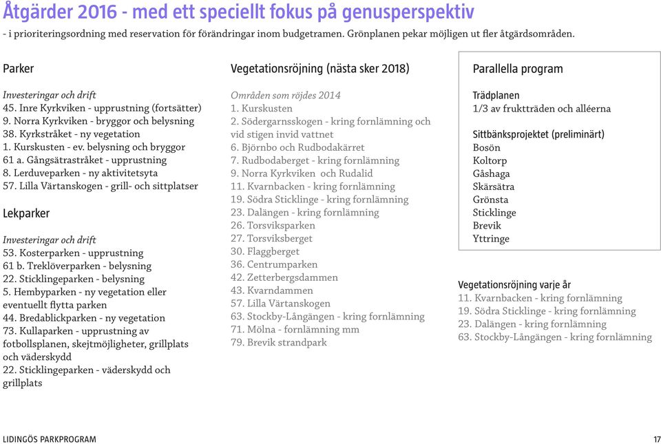 Gångsätrastråket - upprustning 8. Lerduveparken - ny aktivitetsyta 57. Lilla Värtanskogen - grill- och sittplatser Lekparker Investeringar och drift 53. Kosterparken - upprustning 61 b.