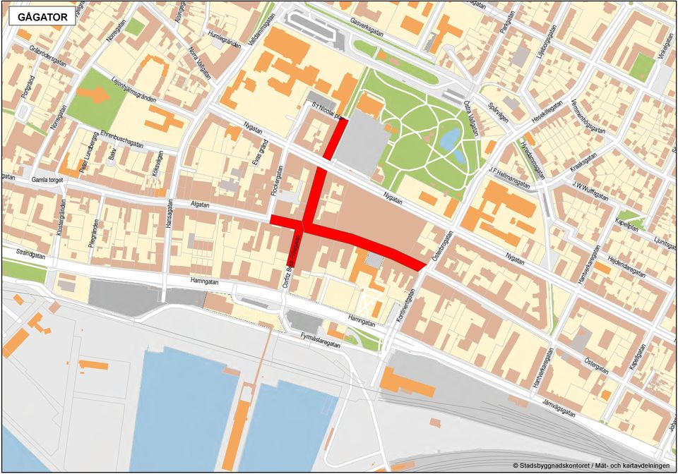 Nygatan Evas gränd Flockergatan Corfitz Beck-Friisgatan S:t Nicolai plan Hamngatan Nygatan Kontinentgatan Österbrogatan Östra Vallgatan Spårvägen J.F.Hellmansgatan Nygatan Hyredammsgatan Hesekillegatan Ve mmenhögsga tan Kraaksgatan J.