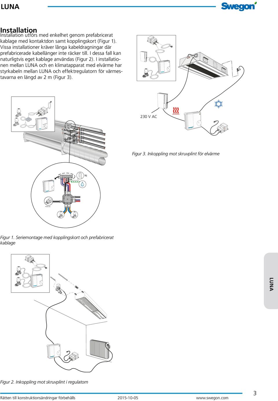 I installationen mellan och en klimatapparat med elvärme har styrkabeln mellan och effektregulatorn för värmestavarna en längd av 2 m (Figur 3). 230 V AC Figur 3.