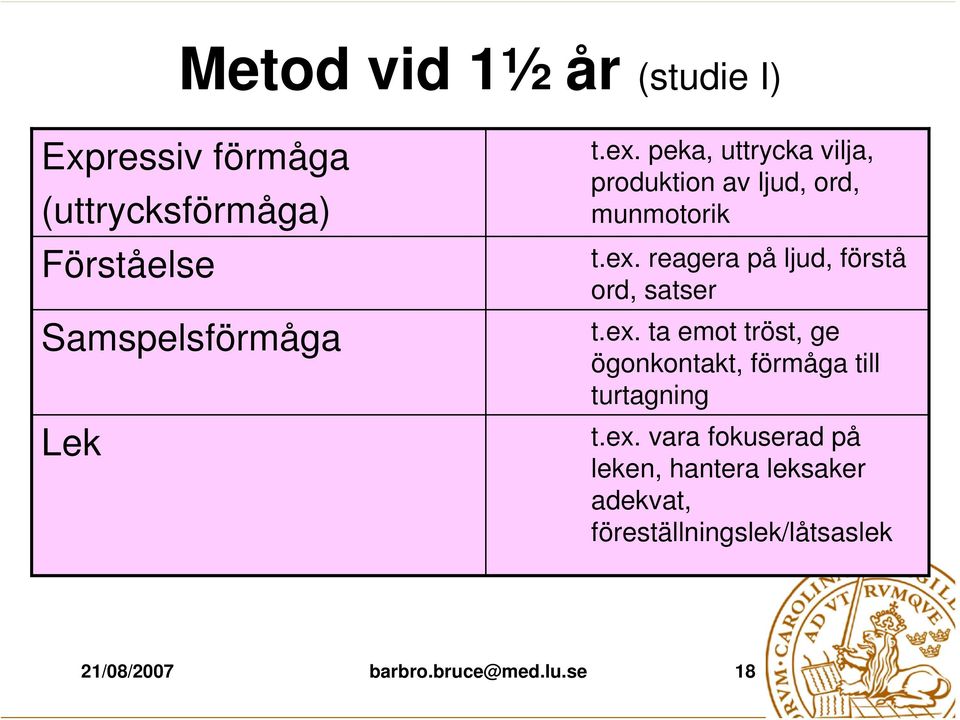 , 2003), en version för professionella munmotorik och en för föräldrar (uttrycksförmåga) Förståelse Samspelsförmåga Lek t.ex.